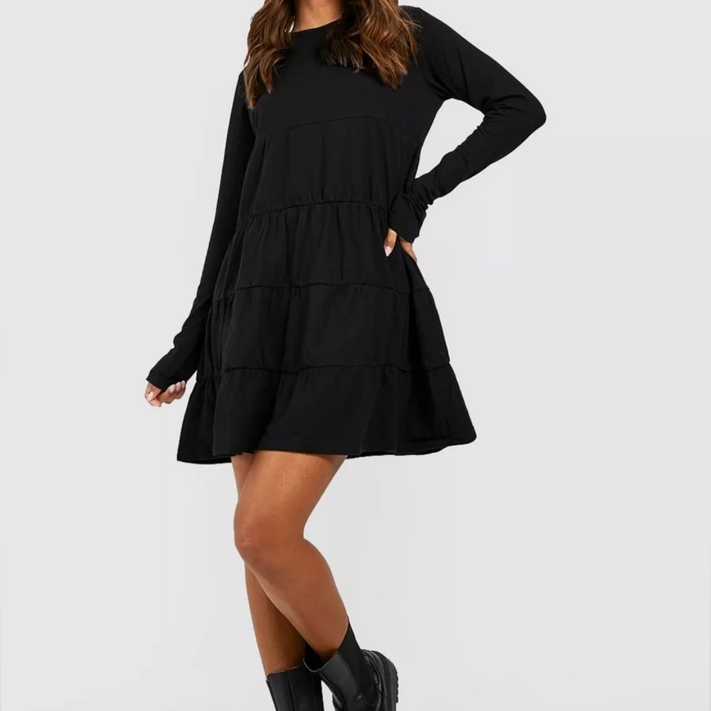NWT Black Long Sleeve Crew Neck Tiered Smock Dress Boohoo Size 12 - Picture 8 of 8